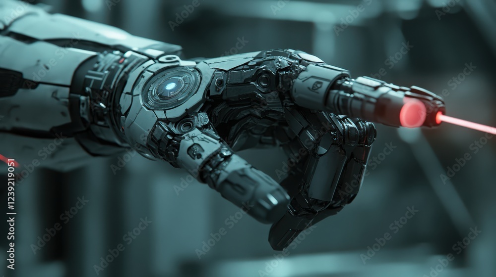 Aufkleber futuristic robotic arm with red laser beam in a sci-fi setting