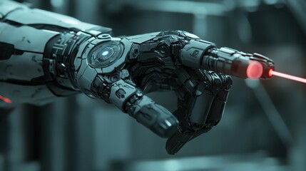 Futuristic Robotic Arm with Red Laser Beam in a Sci-fi Setting