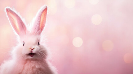 Fototapeta premium Smiling pink rabbit stands out against a soft pink background