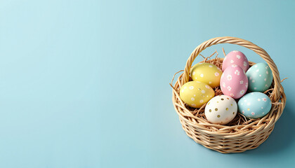 Colorful Easter eggs in wicker basket on blue background