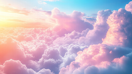 Fototapeta premium A stunning view of fluffy clouds illuminated by soft sunlight, blending hues of pastel pink, blue, and white. The serene sky conveys peace and infinite beauty above the horizon