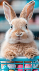 Obraz premium Easter bunny with a basket of colorful eggs on a cheerful backdrop