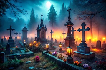 Spooky Halloween Cemetery: Tombstones, Crosses & Foggy Night PNG