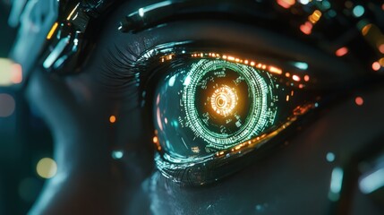 Futuristic Eye with Digital Overlay, Highlighting Technological Integration and Artificial Intelligence
