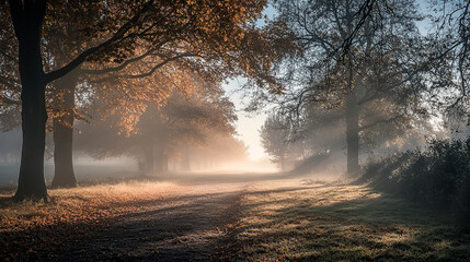 Fototapeta premium A serene autumn landscape featuring two misty trees in a foggy meadow, with soft pastel tones and a textured vintage atmosphere