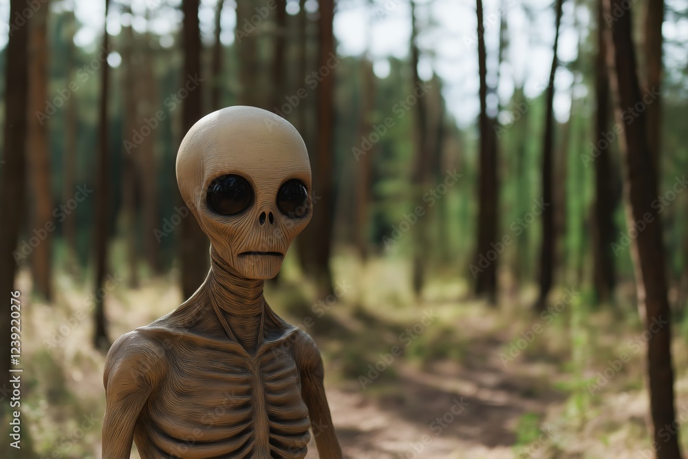 Poster a skeleton is standing in a forest. scene is eerie and unsettling. the skeleton's eyes are staring a
