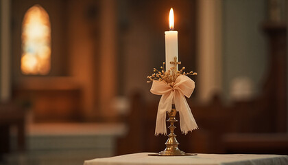 Beautiful Easter candle and cross on decorative stand with bow against calm church interior for spiritual concept