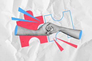 Composite art 3d creative image collage of hands show fist team building gesture cooperation puzzle...