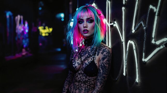 Brightly colored hair and tattoos contrast with neon lights in urban setting. Generative AI - Powered by Adobe