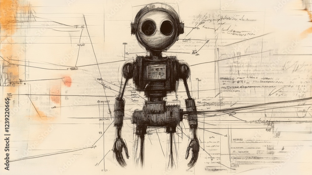 Poster intricate robot design with technical blueprint elements in warm tones