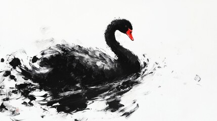 Elegant black swan swimming, white background, artistic painting, decor