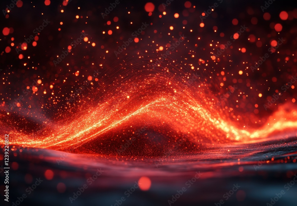 Poster abstract red waves with glowing particles creating a dynamic and mesmerizing visual effect for backg