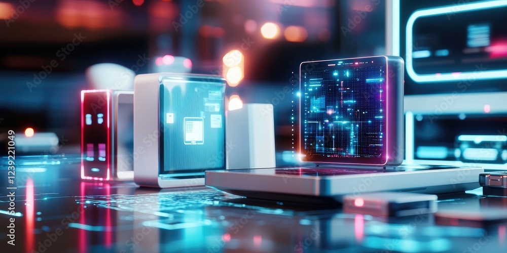 Poster futuristic technology hub showcasing sleek digital devices connecting seamlessly