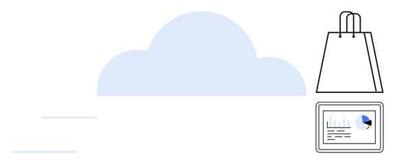 Cloud backdrop, shopping bag, analytics screen with graph and pie chart. Ideal for e-commerce, data analysis, technology, cloud services, online business digital marketing retail. Line metaphor