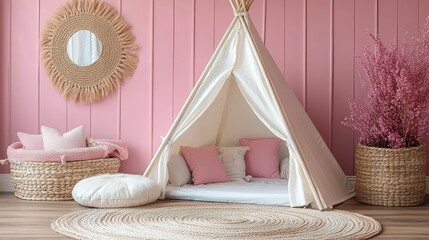 Pink room, teepee playhouse, interior design, cozy decor, child's play area
