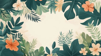 Tropical Floral Frame Design Featuring Lush Greenery and Blossoms