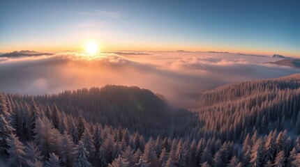 Stunning Sunrise Over Snowy Mountain Forest