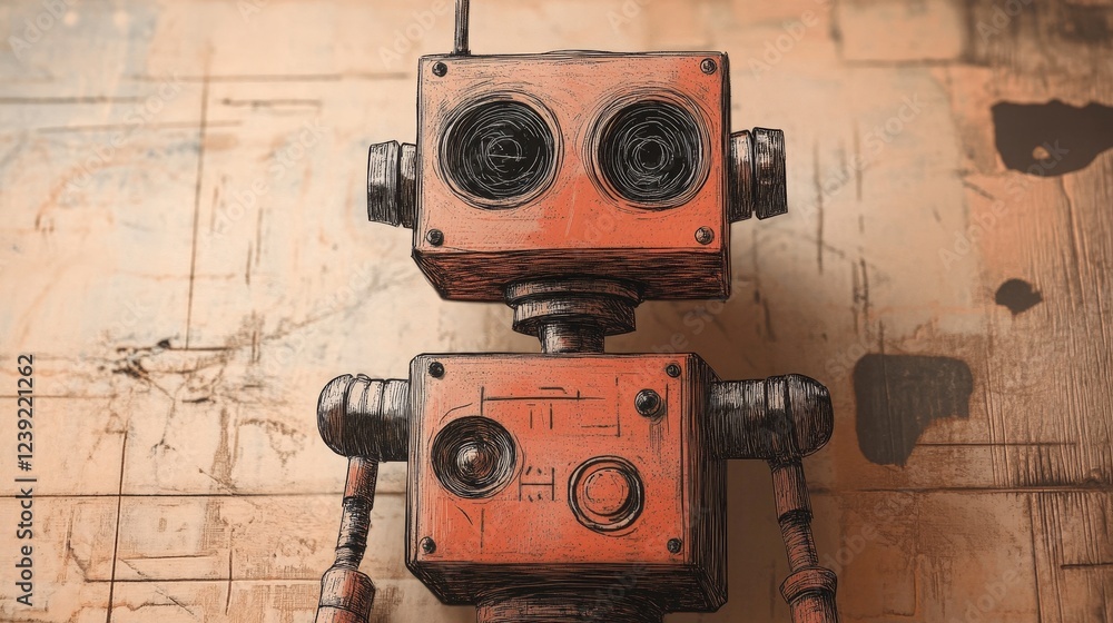 Poster Charming Orange Robot with Unique Features Against a Textured Background