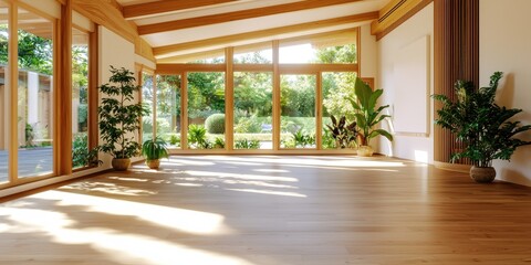 Group yoga session in a spacious indoor studio, with natural materials and sunlight, promoting healthy living