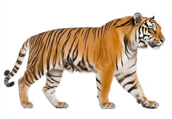 Obraz premium Majestic Tiger Walking Gracefully on White Background
