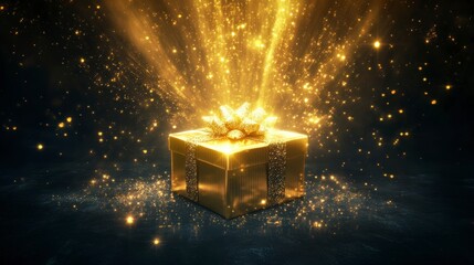 Magical golden glowing gift box with sparkles and wooden table setting