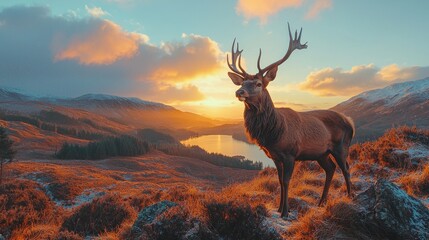 A majestic stag stands proudly in a vibrant landscape at sunset, surrounded by hills and a tranquil lake, showcasing nature's beauty.