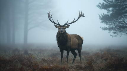 A majestic stag stands in a foggy forest, showcasing its impressive antlers amidst a serene and mystical atmosphere.