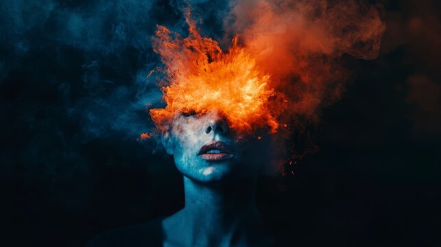 Creative portrait of a woman with glowing orange smoke effect on her face, overthinking