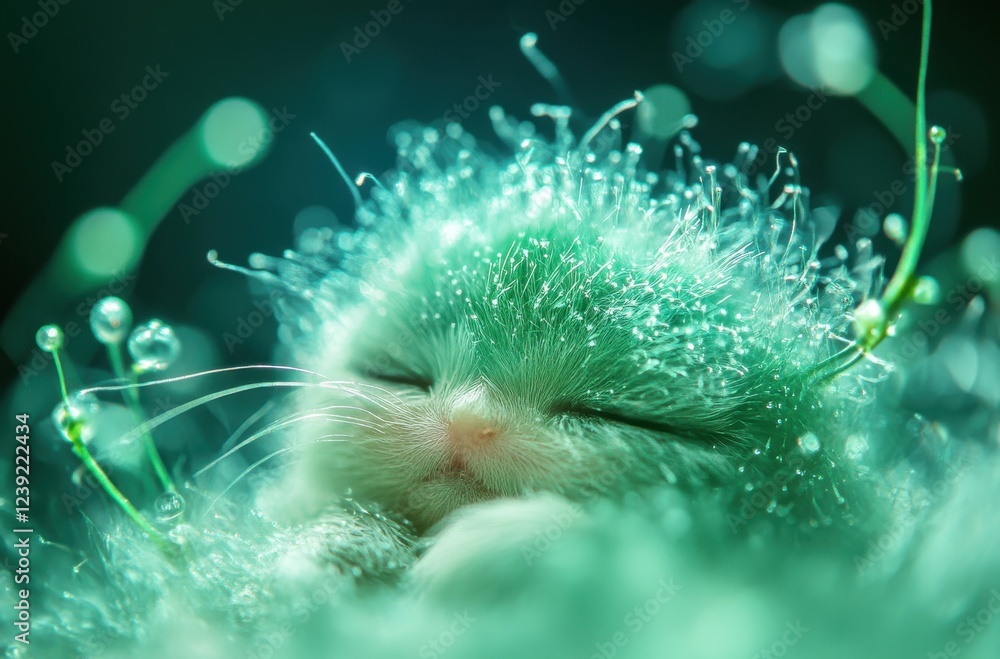 Poster adorable sleeping kitten surrounded by sparkling droplets in a dreamy green atmosphere with soft lig