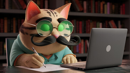 Cat  Working on Computer with pen Cat and Book  at Office Vector Illustration 