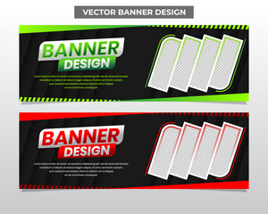 Futuristic black banner design with green and red accent