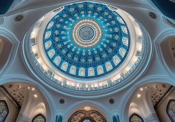 The intricate geometric patterns of the dome ceiling in an Islamic mosque, with its vibrant blue and white colors, form a mesmerizing pattern that reflects ancient Persian artistry