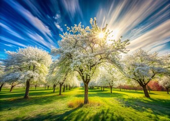 Spring Panorama with White Blossoming Trees