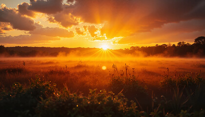 Dramatic sunset over misty field with golden rays