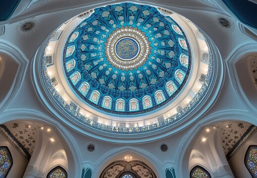 The intricate geometric patterns of the dome ceiling in an Islamic mosque, with its vibrant blue and white colors, form a mesmerizing pattern that reflects ancient Persian artistry - Powered by Adobe