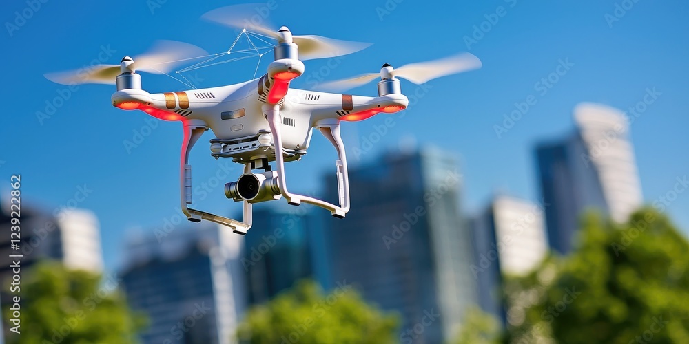 Poster Drone capturing real-time data with digital devices displaying connections in urban landscape