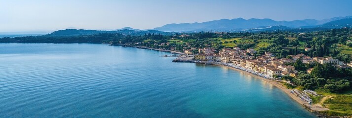 Fototapeta premium Breathtaking Aerial Capture of Porto Timoni Beach in Corfu, Greece â€“ A Summer Paradise Overlooking Pristine Waters and Scenic Landscapes