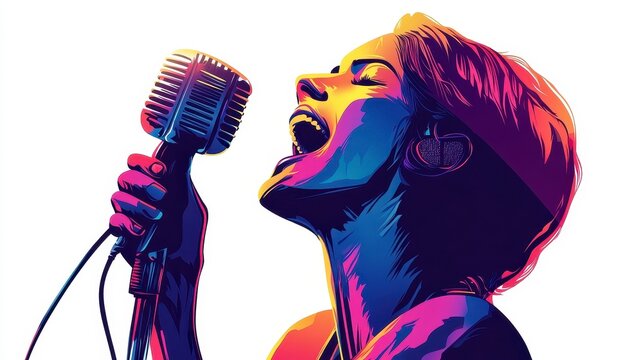Vibrant Singer Expressing Passion On Stage With Retro Microphone