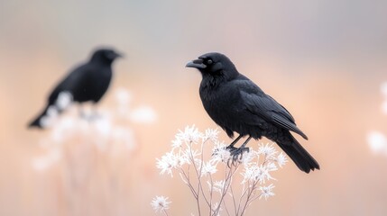 Black crow perched on wildflowers, another in background, autumn field