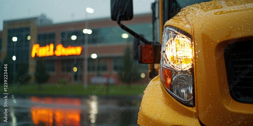 Poster close-up of school bus showing bright colors and safety features, parked in front of a school