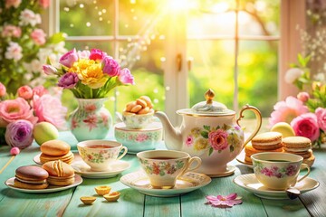 Fototapeta premium Springtime Tea Party: Floral China Teacups & Delicate Treats