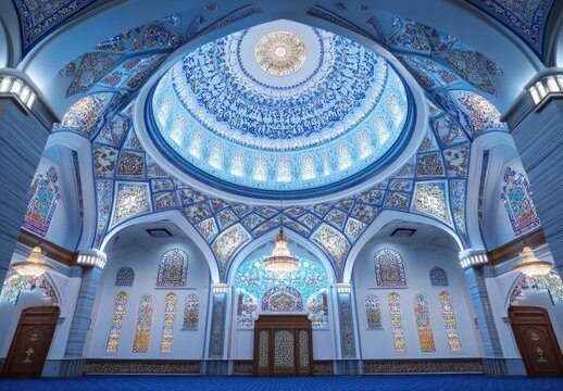 The intricate geometric patterns of the dome ceiling in an Islamic mosque, with its vibrant blue and white colors, form a mesmerizing pattern that reflects ancient Persian artistry