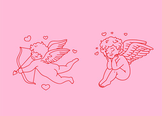 Vector Illustration of Cartoon Character for Valentines Day. Character amour cupid valentines day.Cartoon angel shoots hearts from a bow