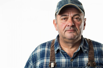 Fototapeta premium Generative AI Portrait of Male Farmer in Rural Environment with Agricultural Machines Ranch Harvesting Work
