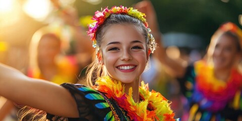 Fototapeta premium dancers in traditional costumes performing at a cultural festival, with subtle background elements