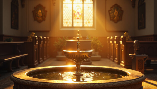 Golden baptismal font in sunlit church interior