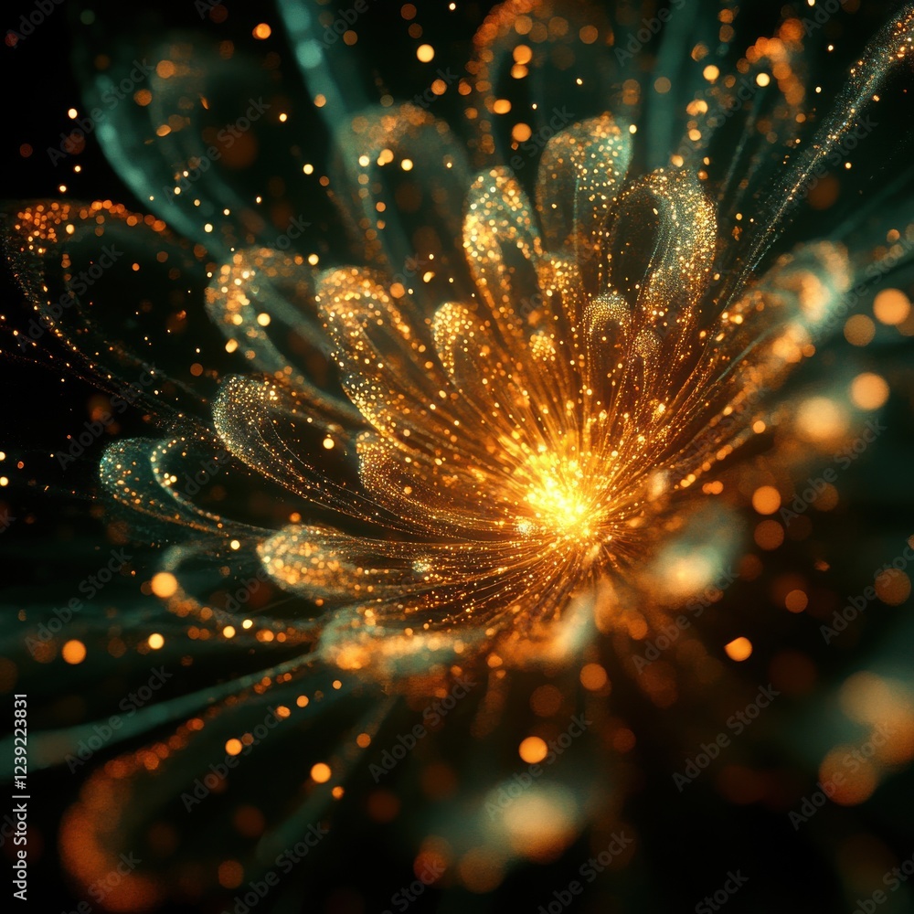 Poster beautiful abstract flower with glowing particles in vibrant colors creating a mesmerizing digital ar