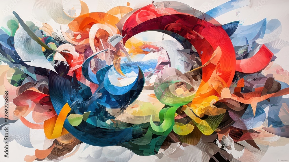 Poster dynamic swirling shapes abstract art studio digital composition high-contrast environment aerial vie