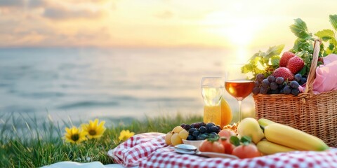 Couple enjoying a romantic sunset picnic on the beach, warm summer colors