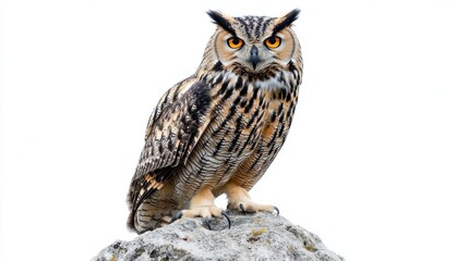 Obraz premium Eurasian eagle-owl perched on rock, white background, wildlife photography